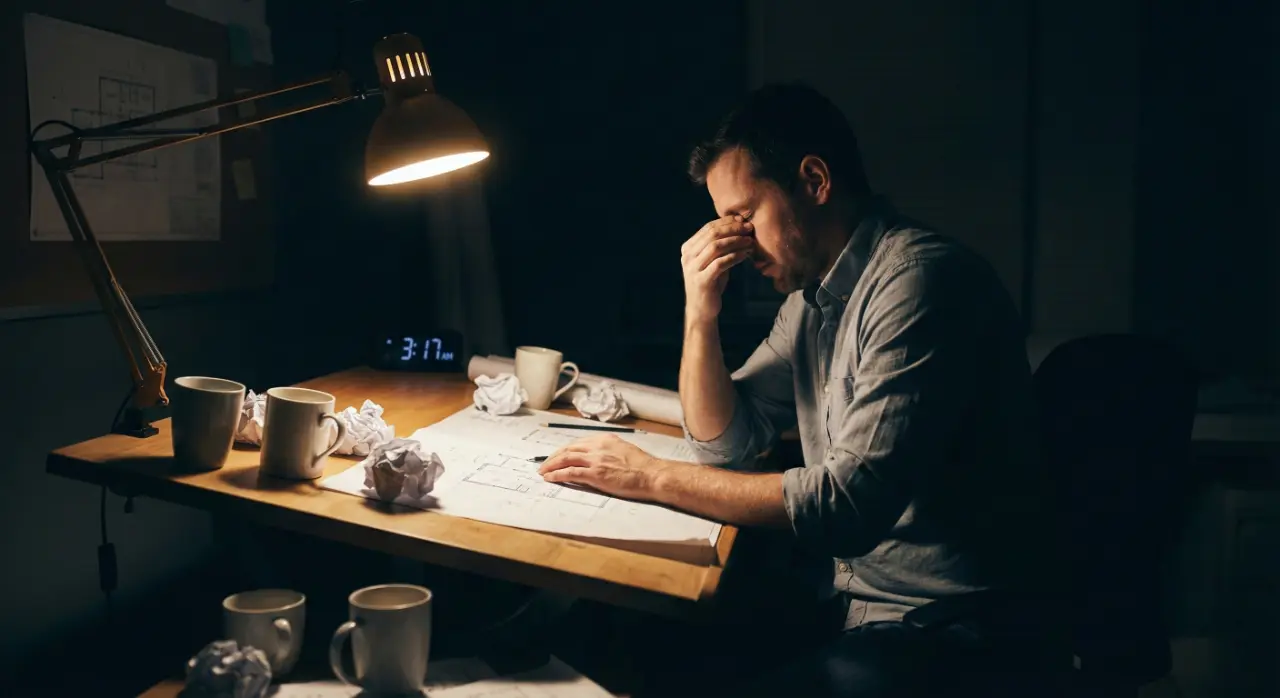 Frustrated architect working late at office